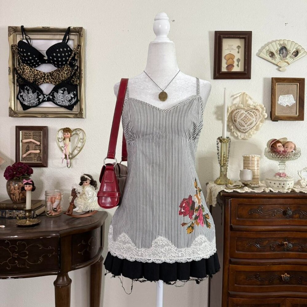 y2k weird girl twee girly grunge pinstripe babydoll top w floral print and lace